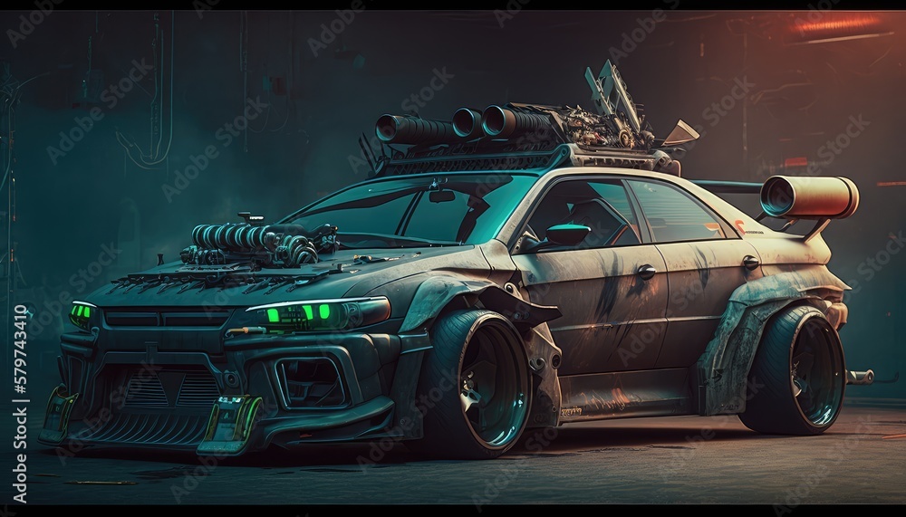 Futuristic modern car wallpaper equipped with machine guns and missile launchers. Created with generative Ai technology