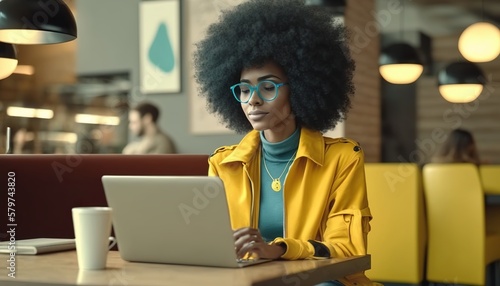 Happy stylish hipster African American teen girl with Afro hair using laptop computer in cafe, remote studying or working online.