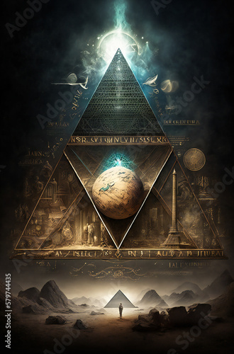 Pyramid with astrology and esoteric symbols on it. Esoteric, ancient wisdom or freemasonry concept composition. Created with Generative AI technology. photo