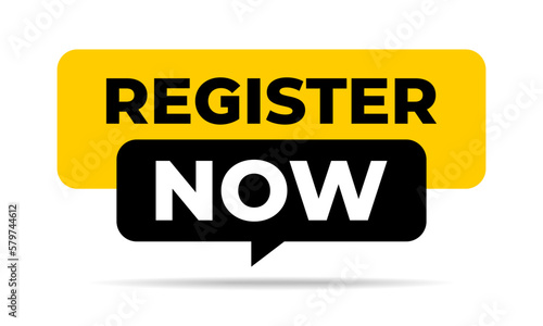 Register Now with Speech Bubble and Ribbon. Modern Design Template for Icon, Sign, Logo, Web, Label, Button, Banner, Registration, Join. Vector Illustration