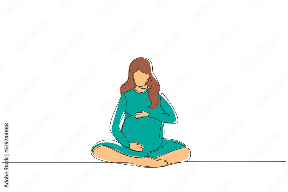 Continuous one line drawing happy young pregnant woman sitting with crossed legs at home and looking at her belly. Future mom expecting baby caressing her tummy. Single line draw design vector graphic Continuous one line drawing happy young pregnant woman sitting with crossed legs at home and looking at her belly. Future mom expecting baby caressing her tummy. Single line draw design vector graphic