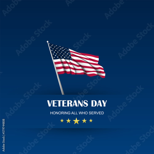 Veterans Day square background design with waving USA flag