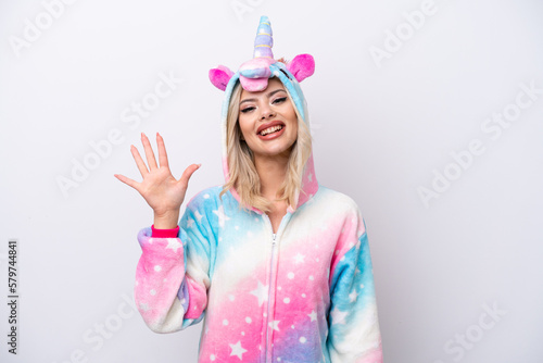 Young Russian woman with unicorn pajamas isolated on white background counting five with fingers