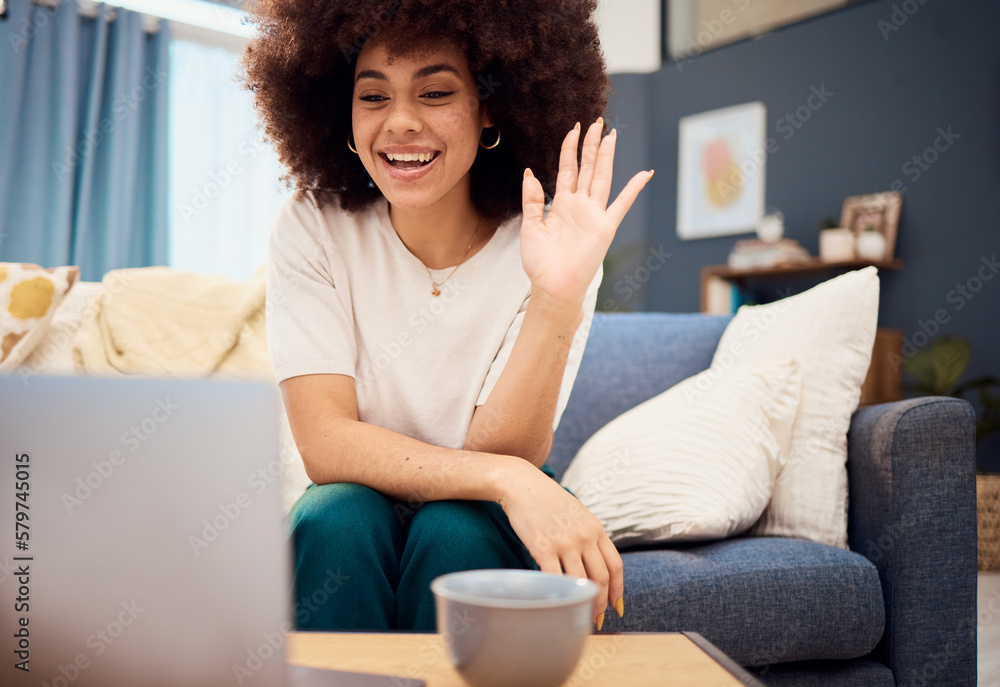 Wave, video call and laptop with woman on sofa for communication, digital and internet. Happy, technology and online with latino female and smile in living room while talking, website and relax Wave, video call and laptop with woman on sofa for communication, digital and internet. Happy, technology and online with latino female and smile in living room while talking, website and relax