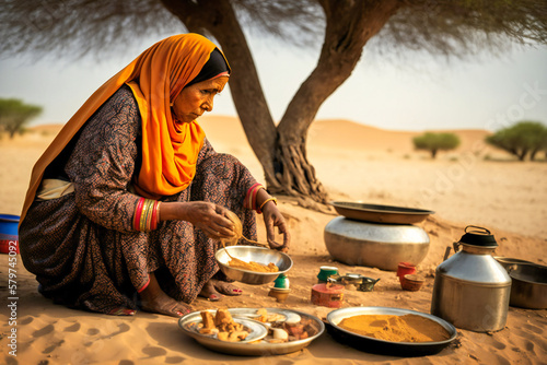 Middle East woman cooking a traditional meal. Created with Generative AI technology. photo