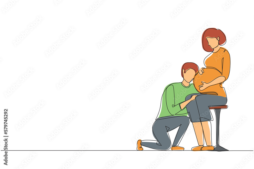 Single one line drawing husband kneel down and listening to his