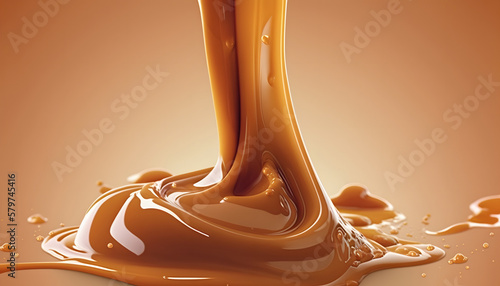 Liquid sweet melted caramel, delicious caramel sauce or maple syrup swirl 3D splash. Yummy sweet caramel sauce or hot syrup twisted. Key visual advertising design elements isolated on white background photo