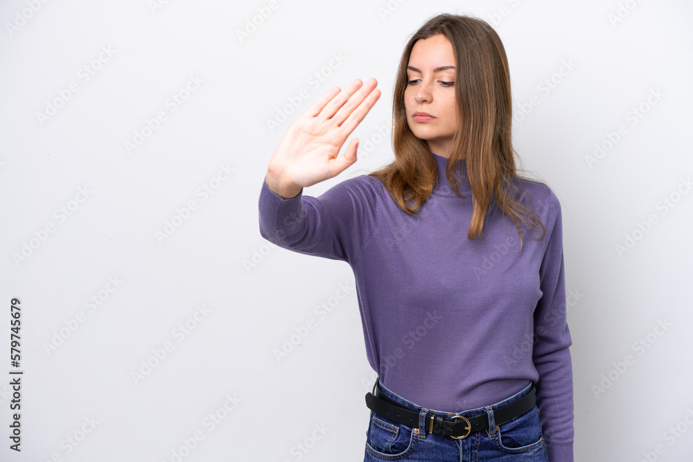Young caucasian woman isolated on white background making stop gesture and disappointed Young caucasian woman isolated on white background making stop gesture and disappointed