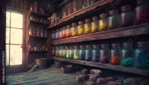 Fantasy theme. Glass jars on wooden shelves containing brightly colored objects. Pickles  food  paint