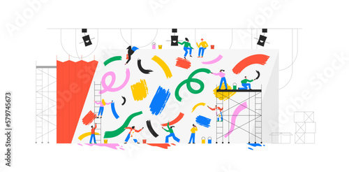 Diverse people team making art on big canvas together. Modern flat cartoon for business teamwork or creative work process concept. Men and women community helping each other.