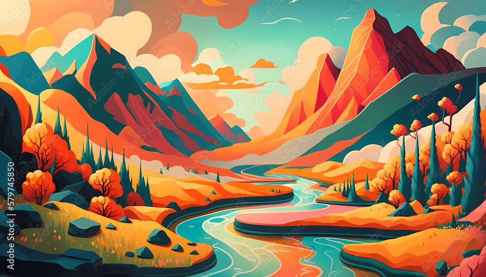 A surreal landscape with abstract mountains and flow. digital art illustration. Generative AI