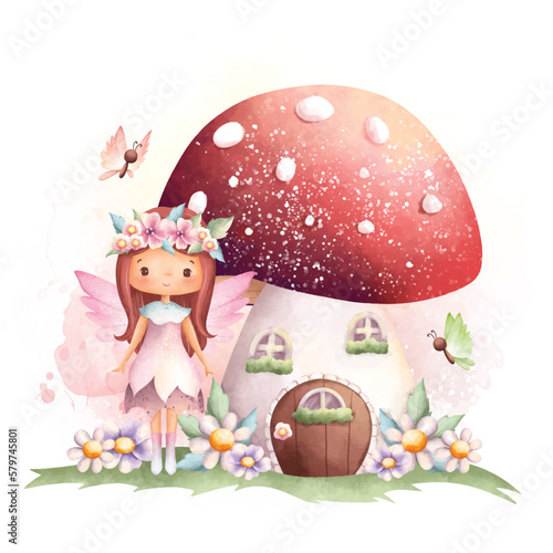 Watercolor illustration Flower fairy and mushroom house