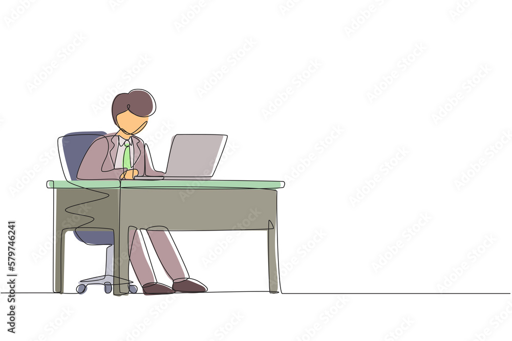 Single one line drawing male works in office. Businessman working, typing and sending messages. Work, table, computer. Workplace and communication concept. Continuous line draw design graphic vector Single one line drawing male works in office. Businessman working, typing and sending messages. Work, table, computer. Workplace and communication concept. Continuous line draw design graphic vector