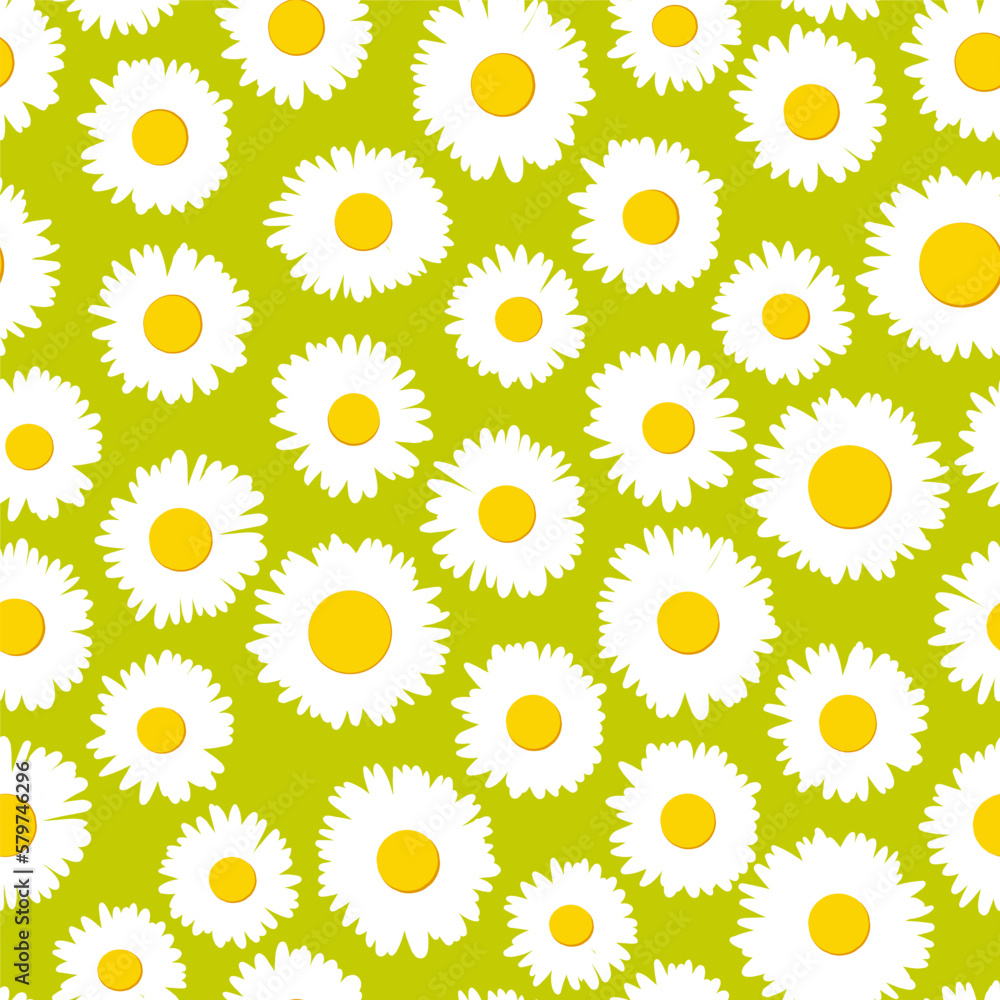 Hand-drawn daisy flowers on green background seamless pattern Hand-drawn daisy flowers on green background seamless pattern