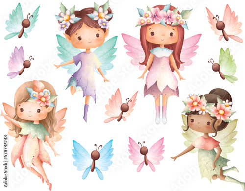 Papier peint Watercolor illustration set of Flower fairy and butterfly