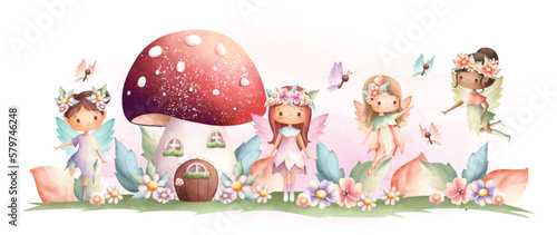 Watercolor illustration Flower fairy and mushroom house photo