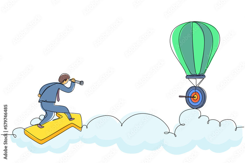 Single one line drawing male employee fly on arrow and using monocular to see business vision on hot air balloon. Business finance goal concept. Continuous line draw design graphic vector illustration