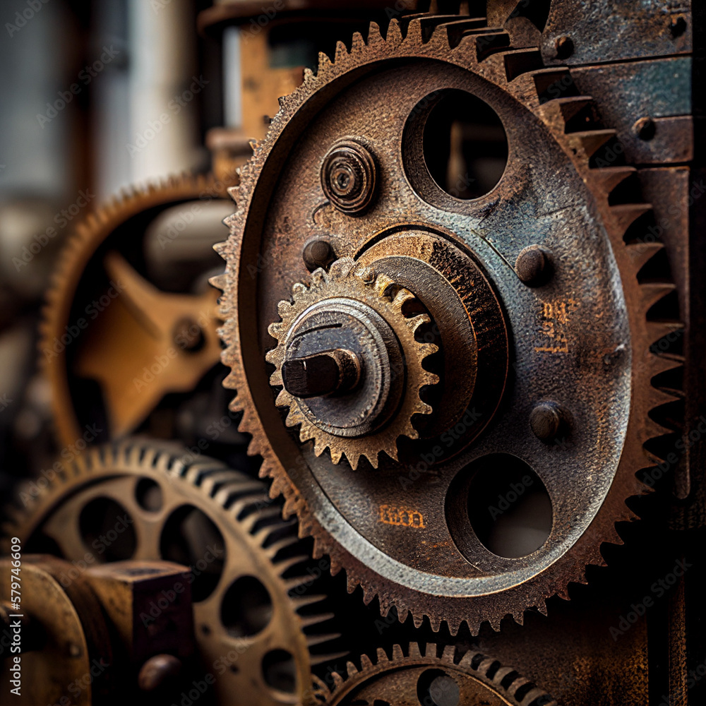 Old rustic gears, steeped in patina and worn by time, reflect the enduring craftsmanship of a bygone era, generative ai.