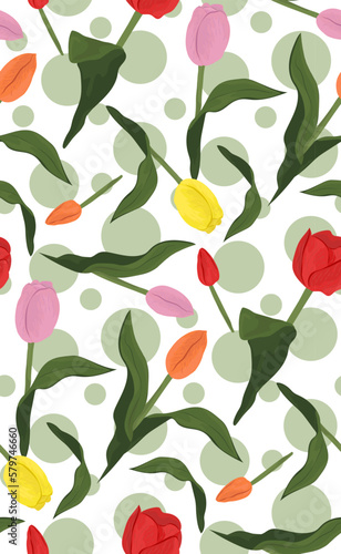 Vector seamless pattern with colorful tulip flowers on geometric background.