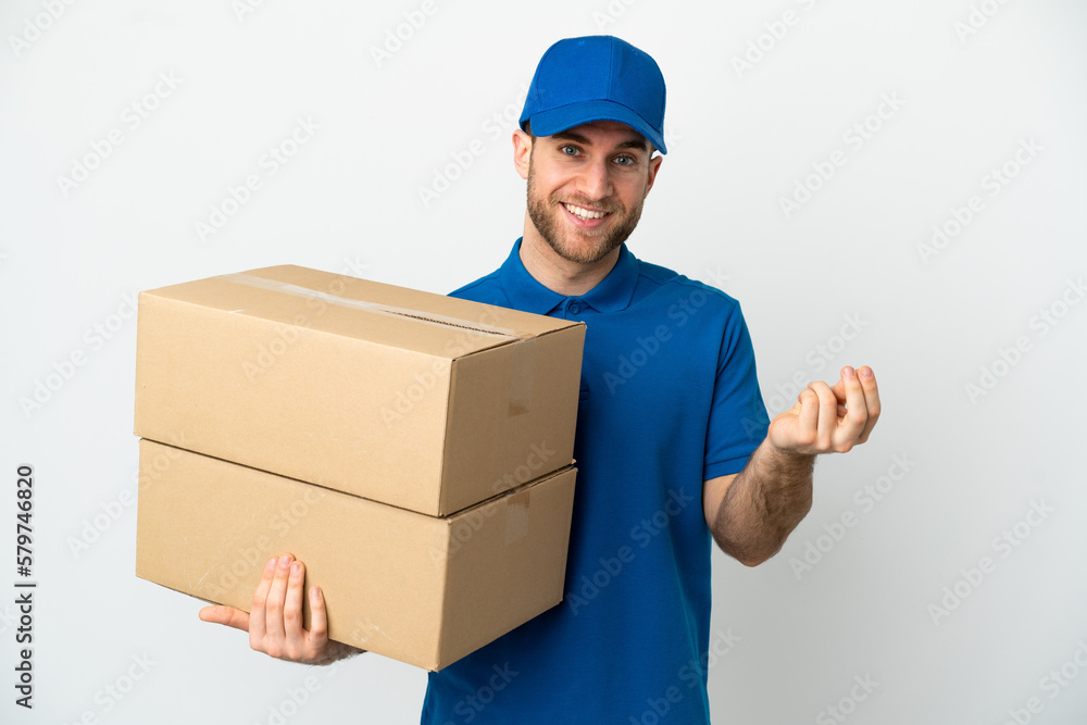 Delivery man over isolated white background making money gesture Delivery man over isolated white background making money gesture