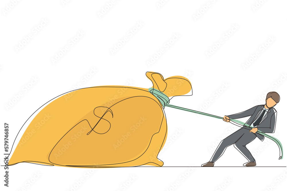 Continuous one line drawing businessman is struggling to pull big bag of money because it is too