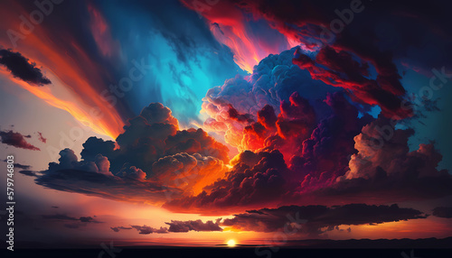 dramatic beautiful sunrise sky and cloed. digital art illustration. Generative AI
