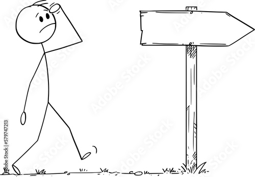 Worried Person on the Way , Vector Cartoon Stick Figure Illustration