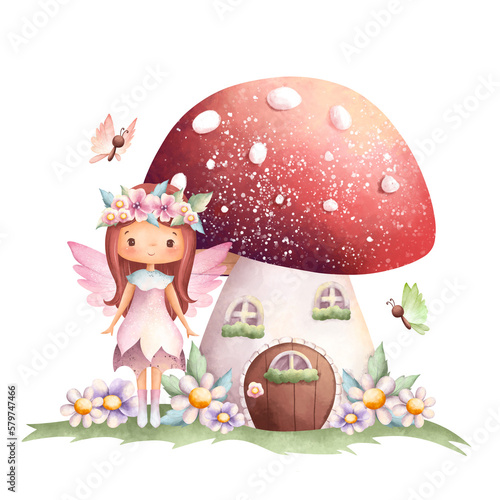 Watercolor illustration cute fairy flower and mushroom house