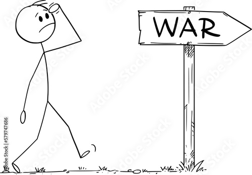 Worried Person on the Way of War , Vector Cartoon Stick Figure Illustration