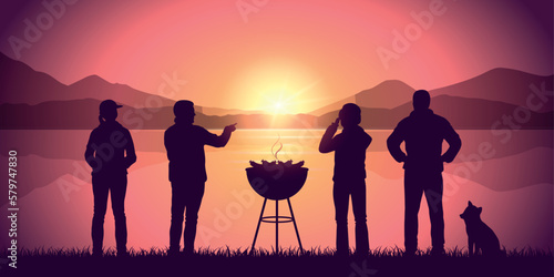 bbq with friends by the lake with mountain view purple landscape at sunset