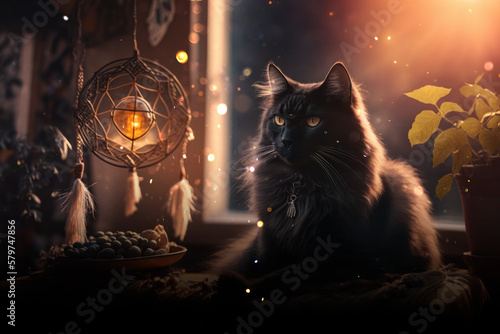 Mystery black cat with dreamcatcher, witchcraft magic light wallpaper AI Generated