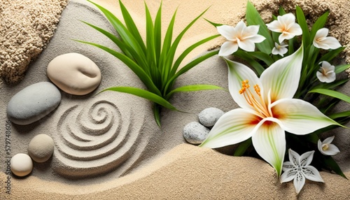 Spa still life with flowers, sand and zen stone. Generative AI
