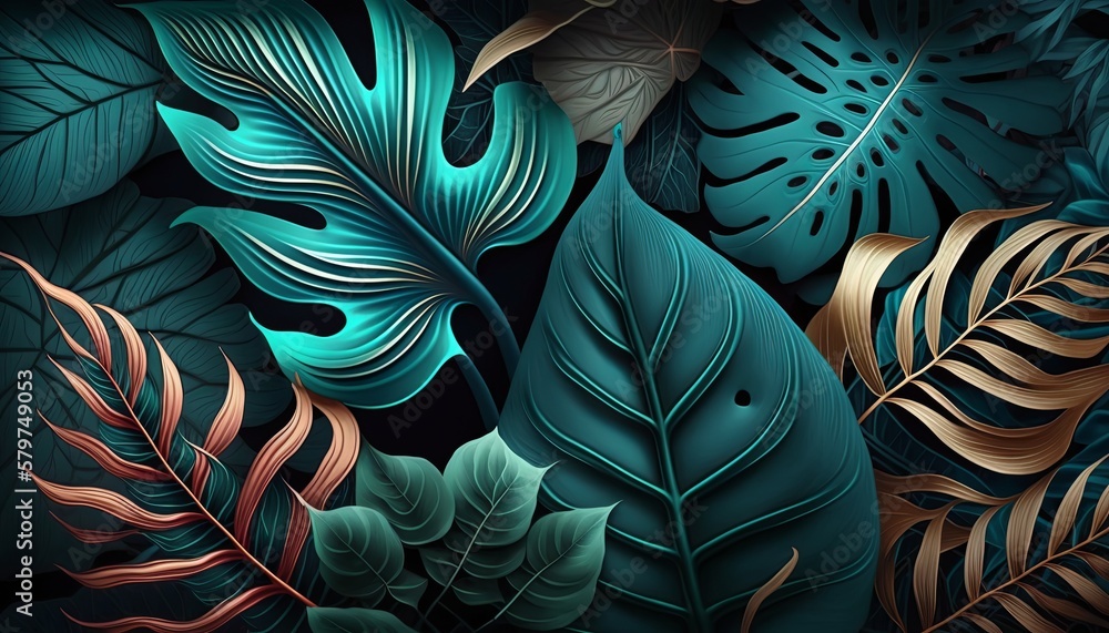 Dark pattern with exotic gold green and black metallic leaves. Dark pattern with exotic gold green and black metallic leaves.