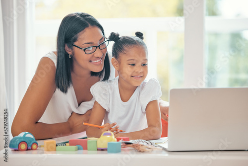 Mother laptop, teaching and learning girl with homework in the room. Mom and kid smile with internet to homeschool her young daughter to help with math, for a happy family on a child education app photo