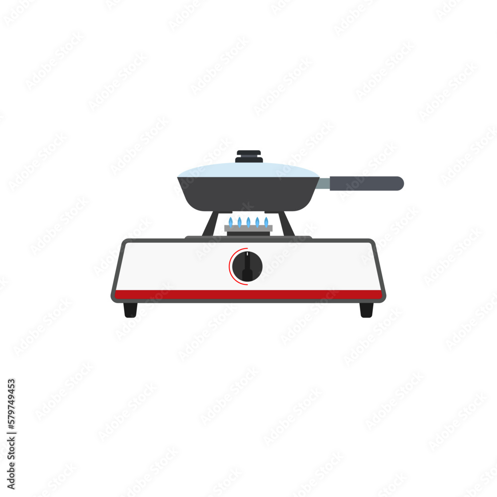 frying pan on gas stove flat design vector illustration isolated on white background. Vector illustration of kitchen utensils in cartoon simple flat style. frying pan on gas stove flat design vector illustration isolated on white background. Vector illustration of kitchen utensils in cartoon simple flat style.