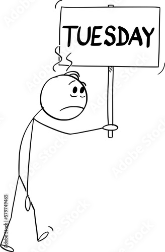 Depressed Person with Tuesday Sign, Vector Cartoon Stick Figure Illustration