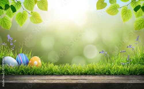 Obraz na płótnie Three painted easter eggs celebrating a Happy Easter on a spring day with a green grass meadow, bright sunlight, tree leaves and a background with copy space and a wooden bench to display products. w salonie