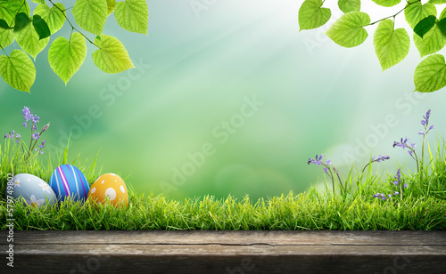 Three painted easter eggs celebrating a Happy Easter on a spring day with a green grass meadow, bright sunlight, tree leaves and a background with copy space and a wooden bench to display products.
