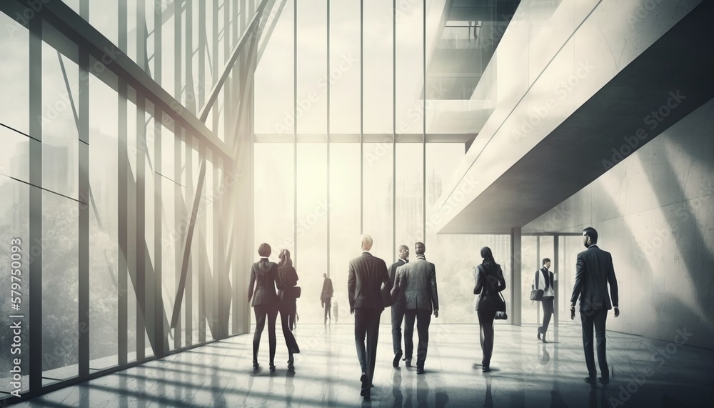 Business people walking in glass building