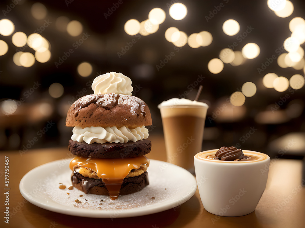Slice of topped with a brownie, and a caramel filling. Coffee with cream. Delicious cake with sprinkles, on a table in a cafe. Generative AI Slice of topped with a brownie, and a caramel filling. Coffee with cream. Delicious cake with sprinkles, on a table in a cafe. Generative AI