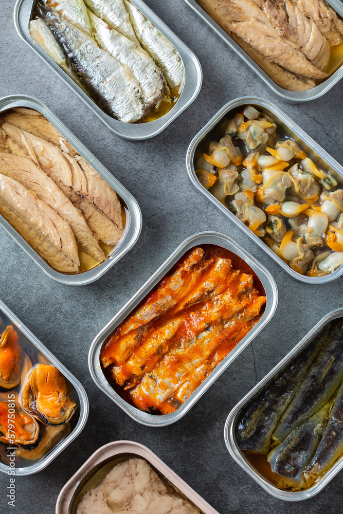 Assortment of Tinned fish, canned food ready for date night Assortment of Tinned fish, canned food ready for date night