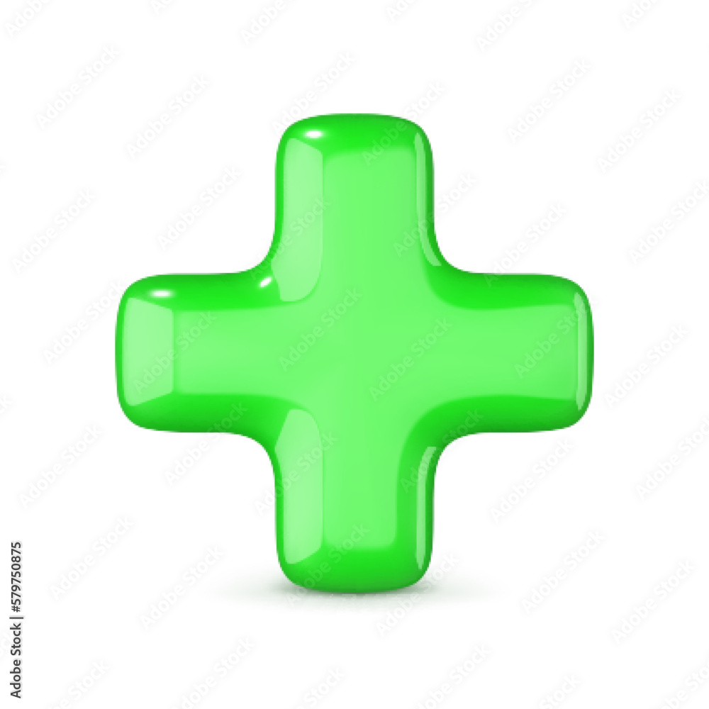 Green plus sign isolated on white background. Vector 3D illustration of glossy green cross icon. Green plus sign isolated on white background. Vector 3D illustration of glossy green cross icon.