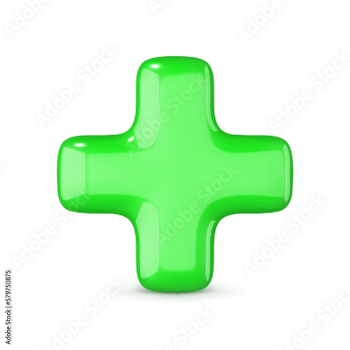 Green plus sign isolated on white background. Vector 3D illustration of glossy green cross icon.