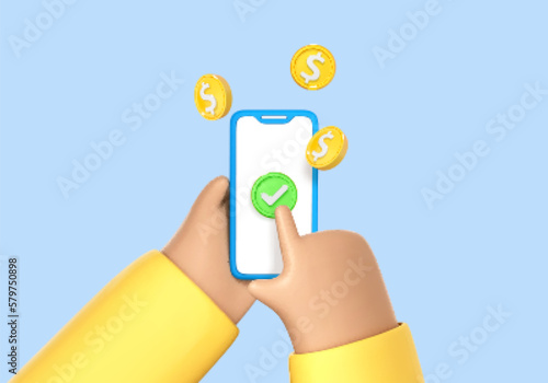3D cartoon hand holding smartphone with flying dollar. Online payment concept. Mobile wallet application. Banking app. Transfer money via smartphone. Vector 3d illustration