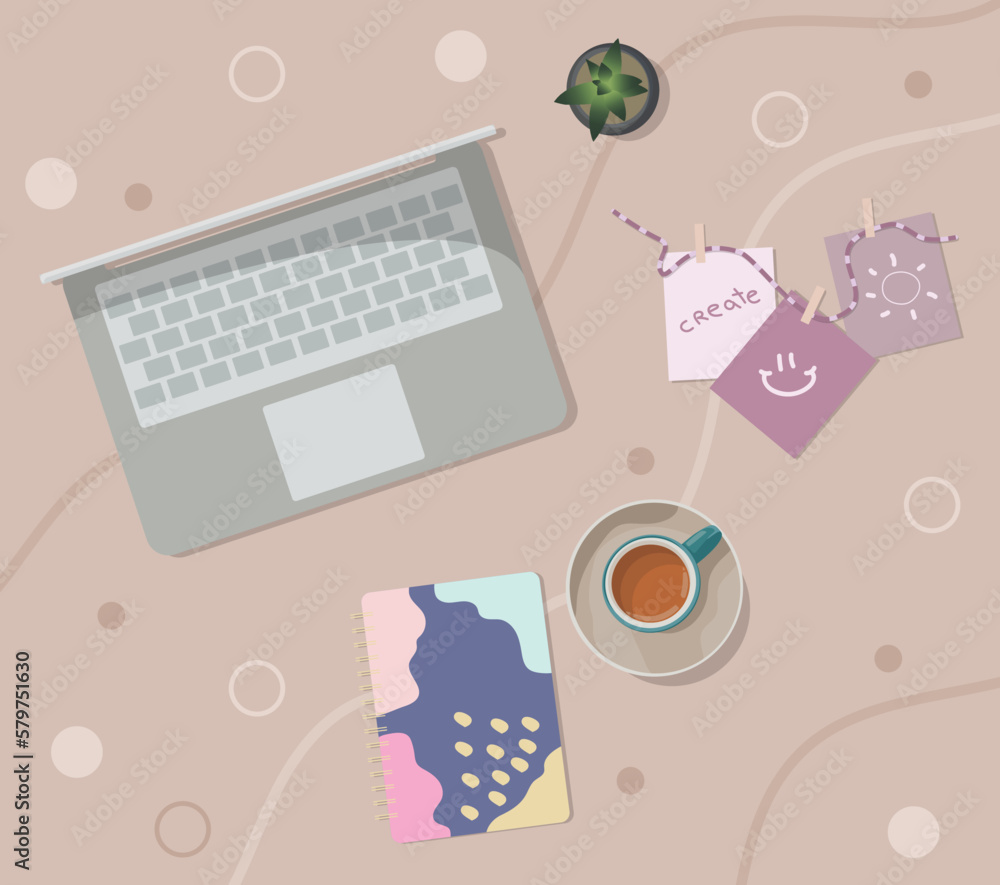 Home comfortable workplace. Laptop, notebook, coffee and plant on the table. Home online education. Vector illustration Home comfortable workplace. Laptop, notebook, coffee and plant on the table. Home online education. Vector illustration