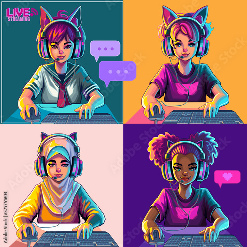 Video conference of diverse girls ith cat ears headset sits in front of a computer