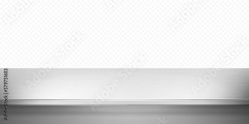 Metal kitchen tabletop isolated on transparent background. Steel table or countertop. Realistic vector illustration