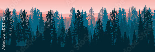 pine tree silhouette flat design vector banner template good for web banner, ads banner, tourism banner, wallpaper, background template, and adventure design backdrop
