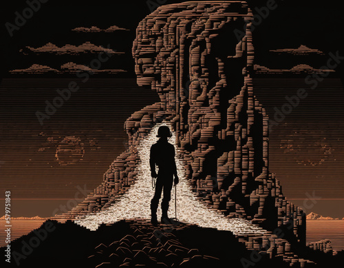 a man standing on the edeg of the clif ascii style Generative AI photo
