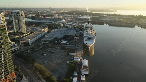 Aerial view of the Port Tampa Bay Cruise Terminal. Cruise ship docked.